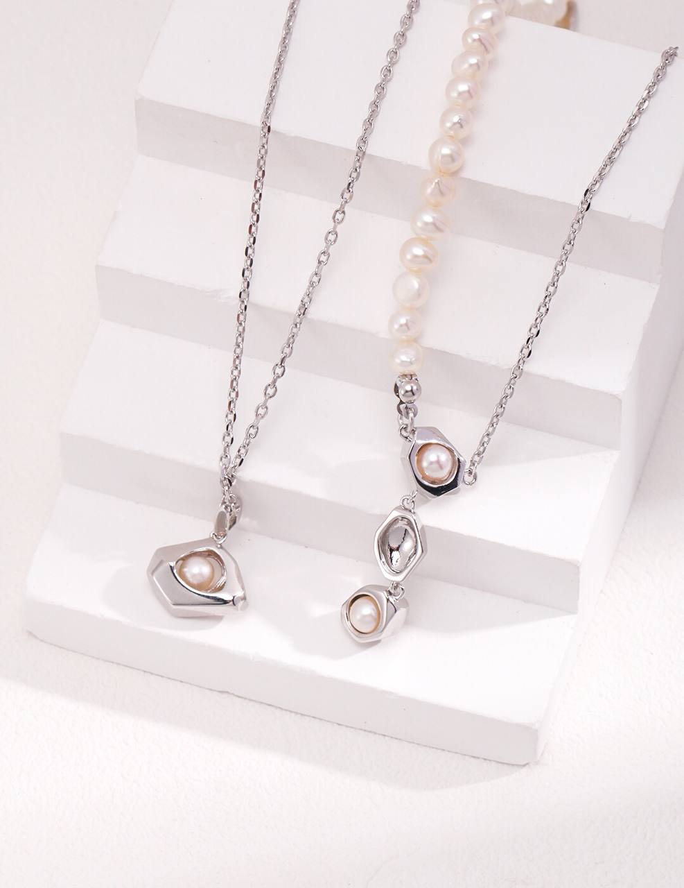 Geometric Hollow Pearl Pendant Sterling Silver Necklace